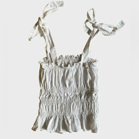 Reformation Shirred Tie-Strap Linen Top Women's Size M White Ruffle Hem Coquette - Picture 8 of 14